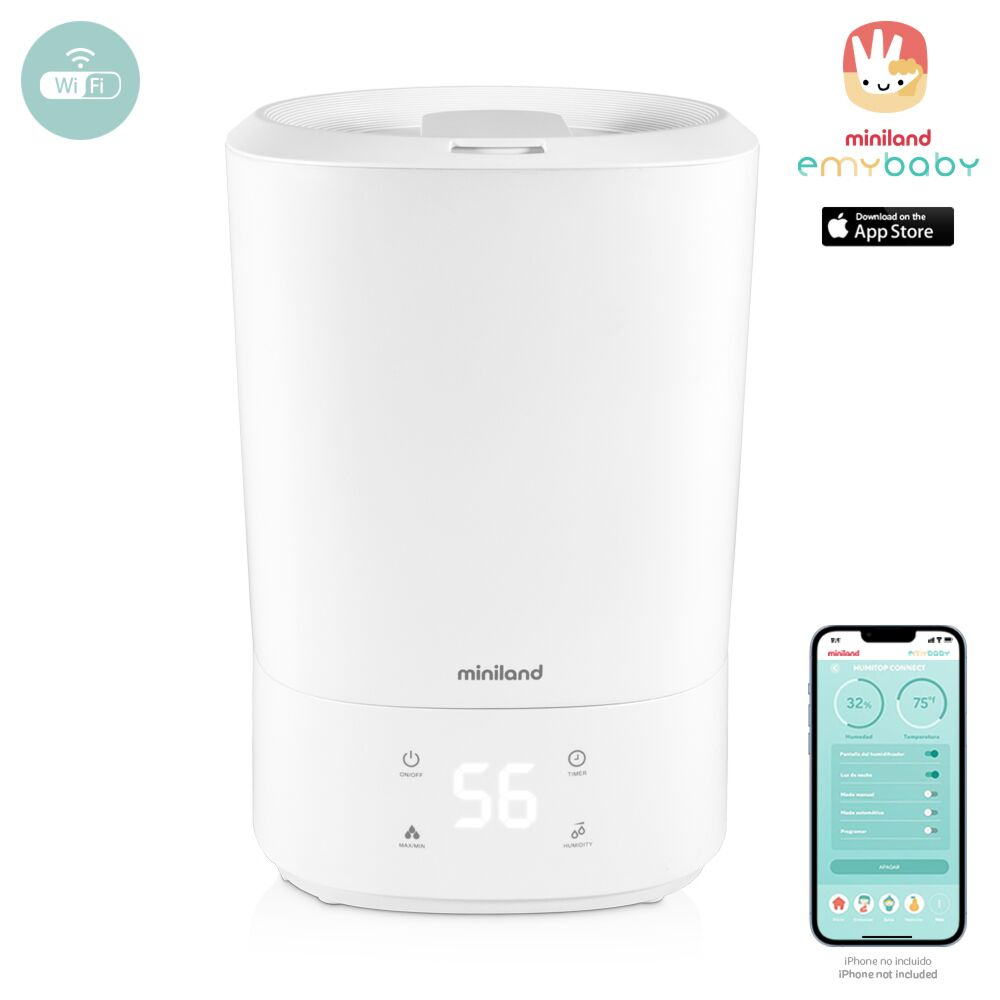 Humitop Connect en blanco Intuitivo y de tamaño reducido CARACTERÍSTICAS Humidificador de esencias Humitop Connect inteligente con Wifi En Miniland queremos ser la marca que impulse día a día a los papás a descubrir c