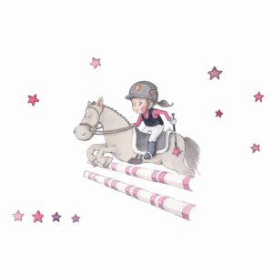 Vinilo con dibujo en acuarela pintado a mano de niña amazona saltando con su caballo Reproducido y recortado en autoadhesivo de alta calidad material laminado y de fácil colocación Impreso en tintas látex no tóxicas de alta resistencia con acabado mate Rea